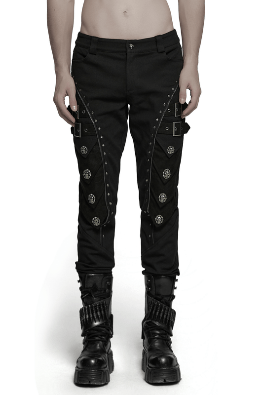 Men's Black Pants with Rivets and Buckle Straps
