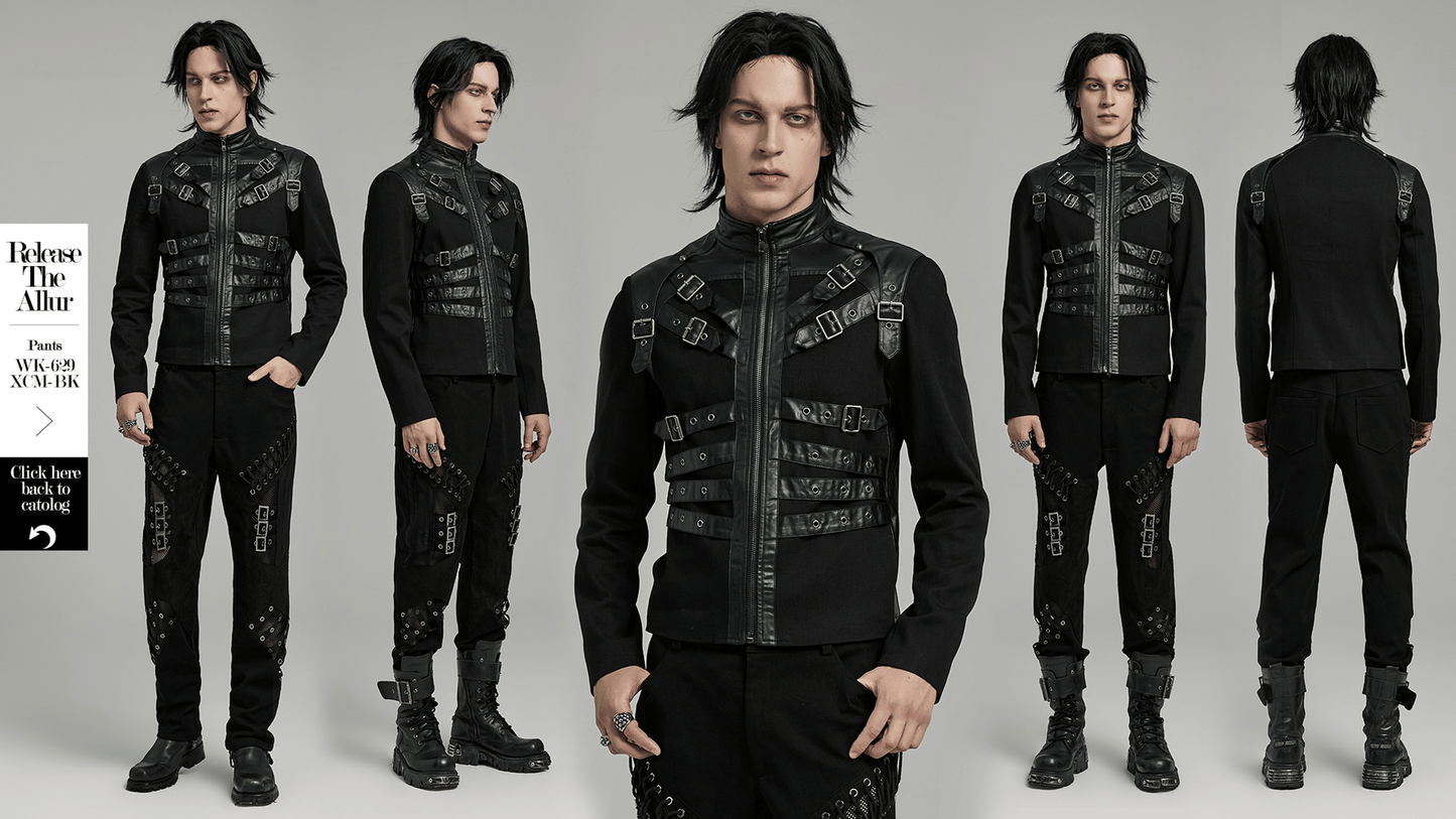 Men's Black Punk Jacket with Buckles and Zipper