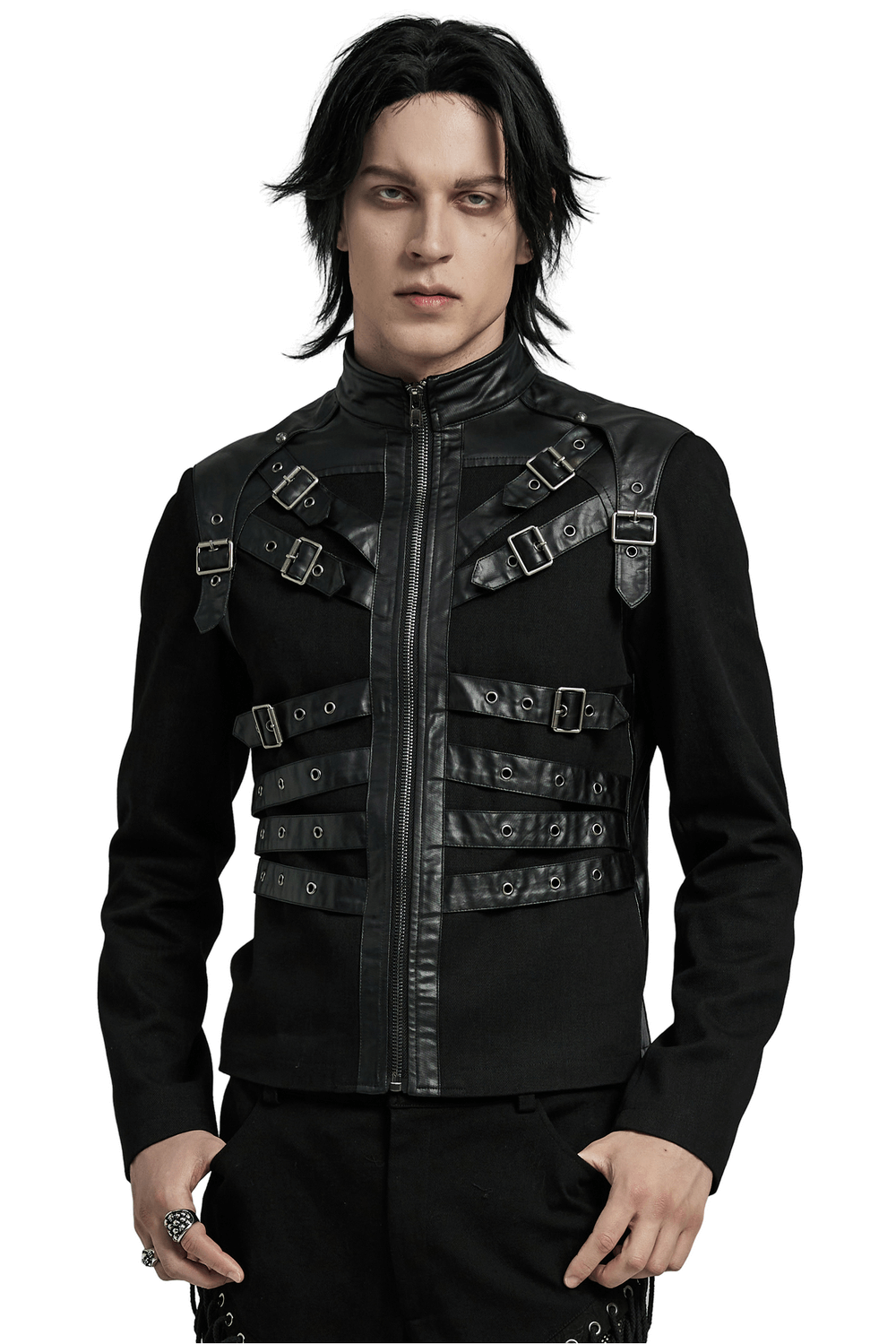 Men's Black Punk Jacket with Buckles and Zipper