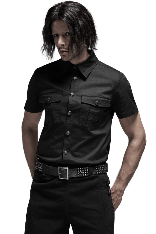 Men's Black Short Sleeved Punk Shirt with Metal Buttons