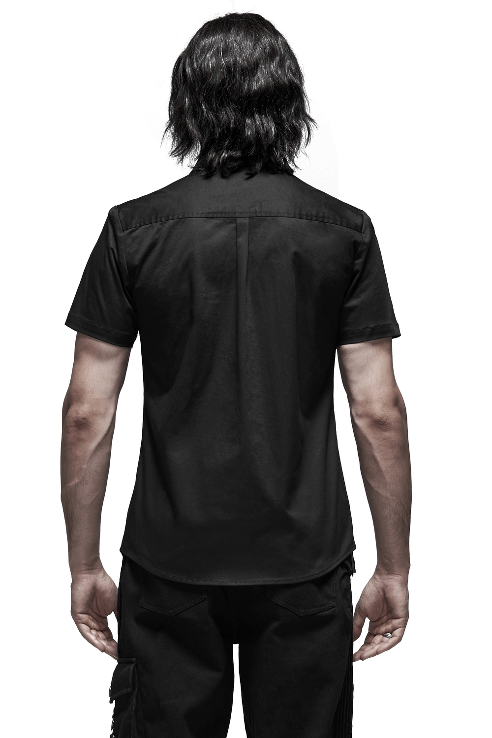 Men's Black Short Sleeved Punk Shirt with Metal Buttons