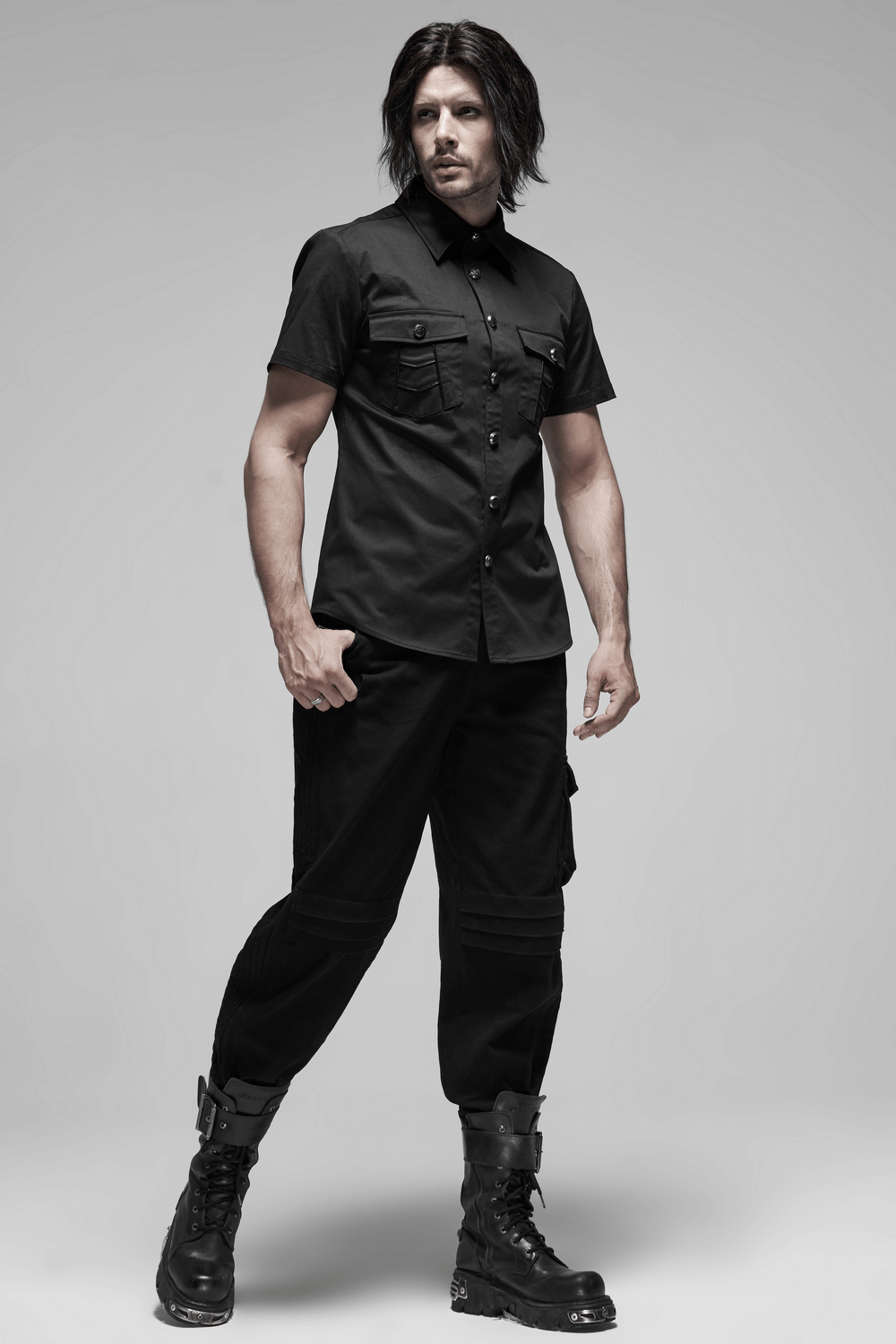 Men's Black Short Sleeved Punk Shirt with Metal Buttons
