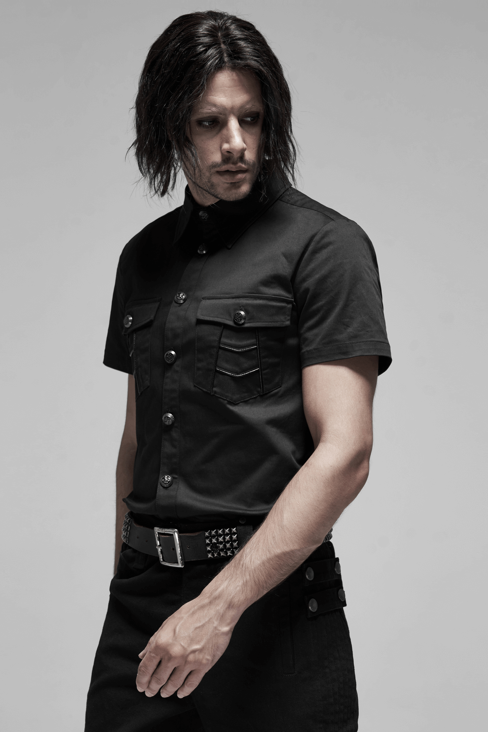 Men's Black Short Sleeved Punk Shirt with Metal Buttons
