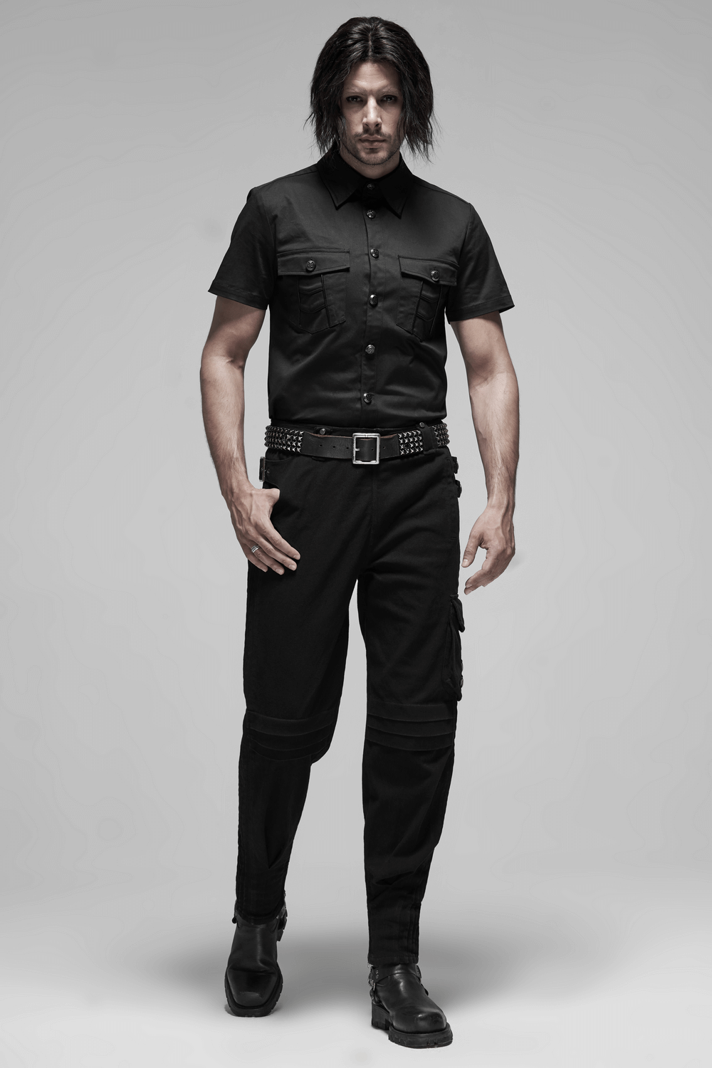 Men's Black Short Sleeved Punk Shirt with Metal Buttons