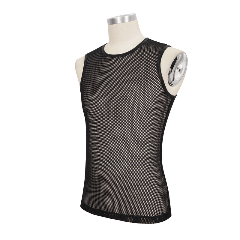 Men's Black Sleeveless Mesh Tank Top / Gothic Round Neck See-Through T-shirt