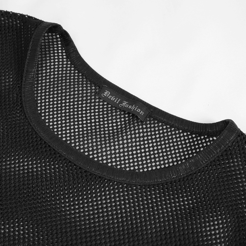 Men's Black Sleeveless Mesh Tank Top / Gothic Round Neck See-Through T-shirt