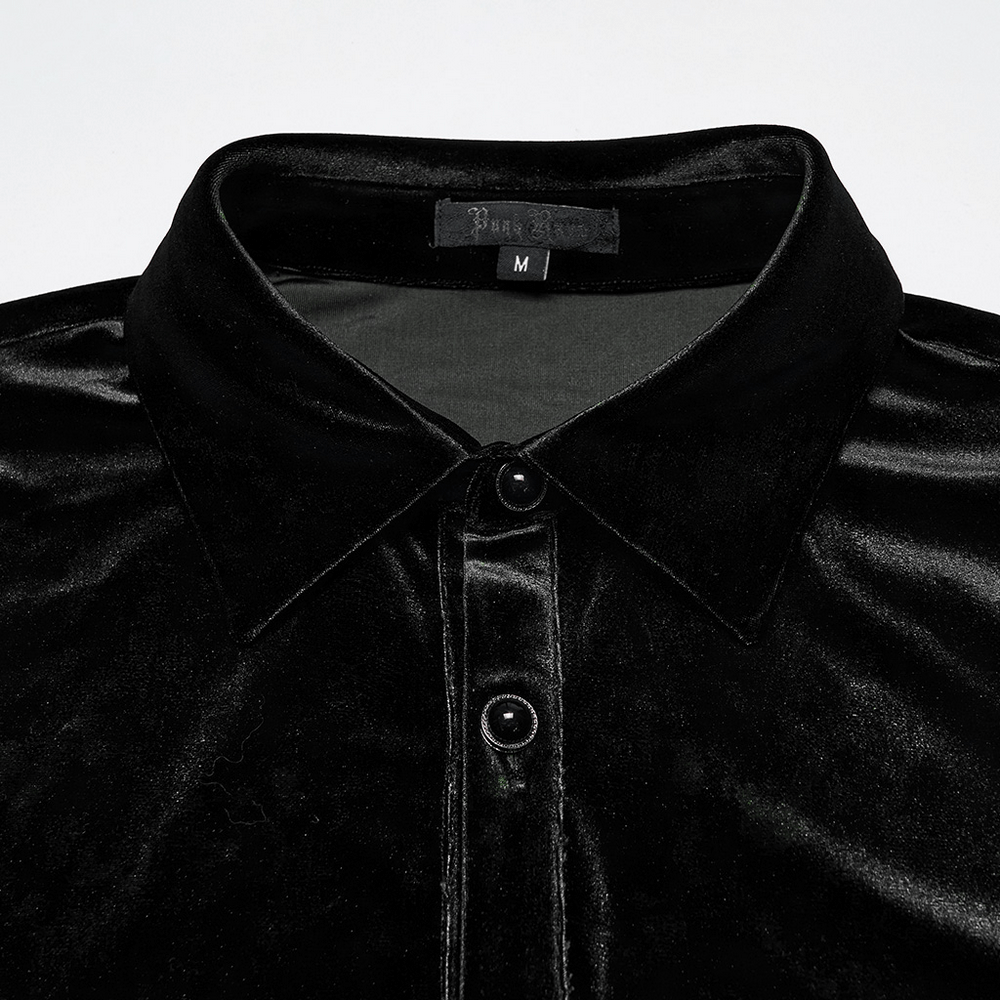 Men's Black Velvet Long-Sleeved Shirt with Gothic Style