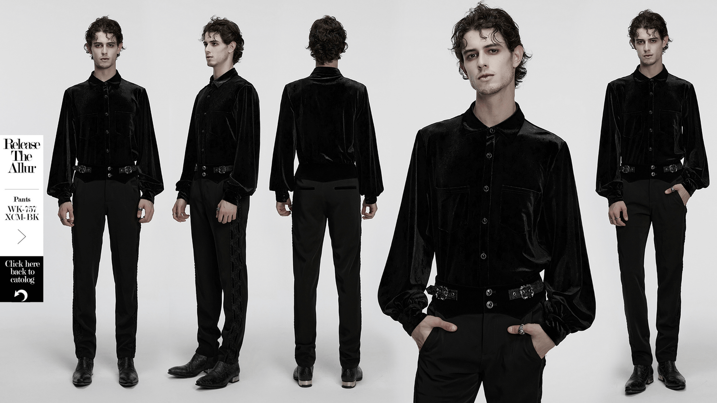 Men's Black Velvet Long-Sleeved Shirt with Gothic Style