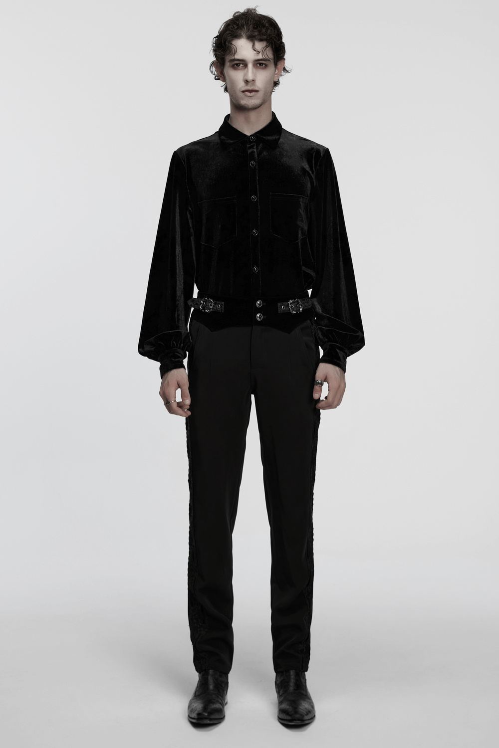 Men's Black Velvet Long-Sleeved Shirt with Gothic Style