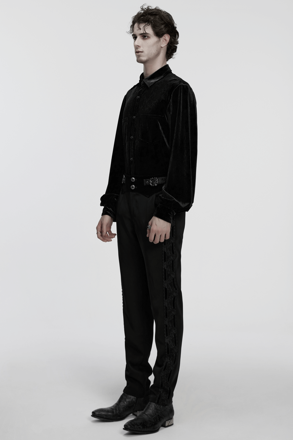 Men's Black Velvet Long-Sleeved Shirt with Gothic Style