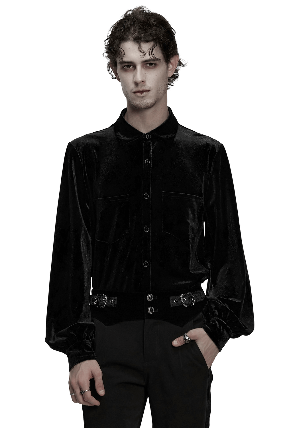 Men's Black Velvet Long-Sleeved Shirt with Gothic Style