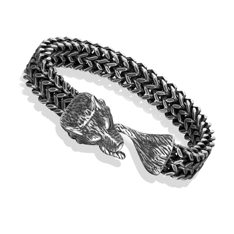 Men's Black Wolf Head Bracelet / Vintage Stainless Steel Wristband / Fashion Male Hand Chain