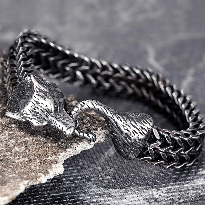 Men's Black Wolf Head Bracelet / Vintage Stainless Steel Wristband / Fashion Male Hand Chain