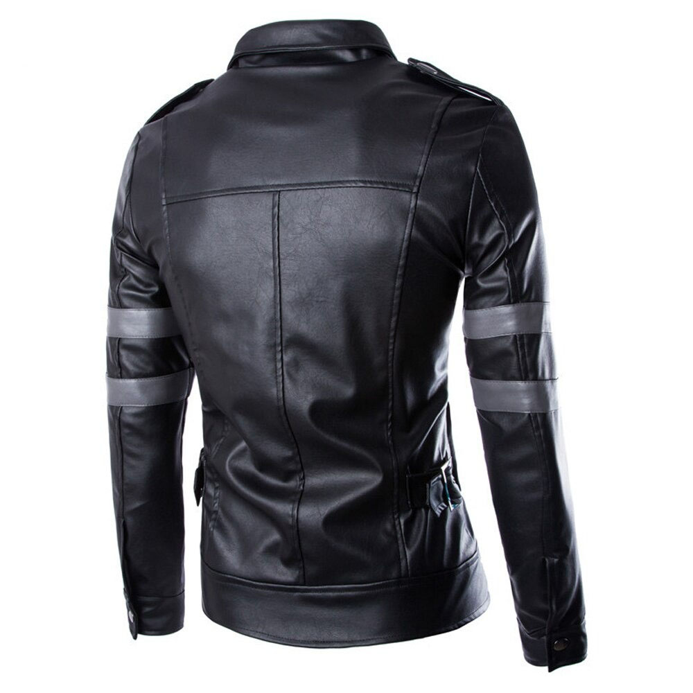 Men's Black Zipper Pu Leather Jacket / Multi-Pockets Motorcycle Jacket / Men's Biker Clothing