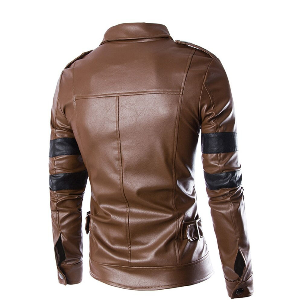 Men's Black Zipper Pu Leather Jacket / Multi-Pockets Motorcycle Jacket / Men's Biker Clothing