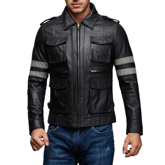 Men's Black Zipper Pu Leather Jacket / Multi-Pockets Motorcycle Jacket / Men's Biker Clothing