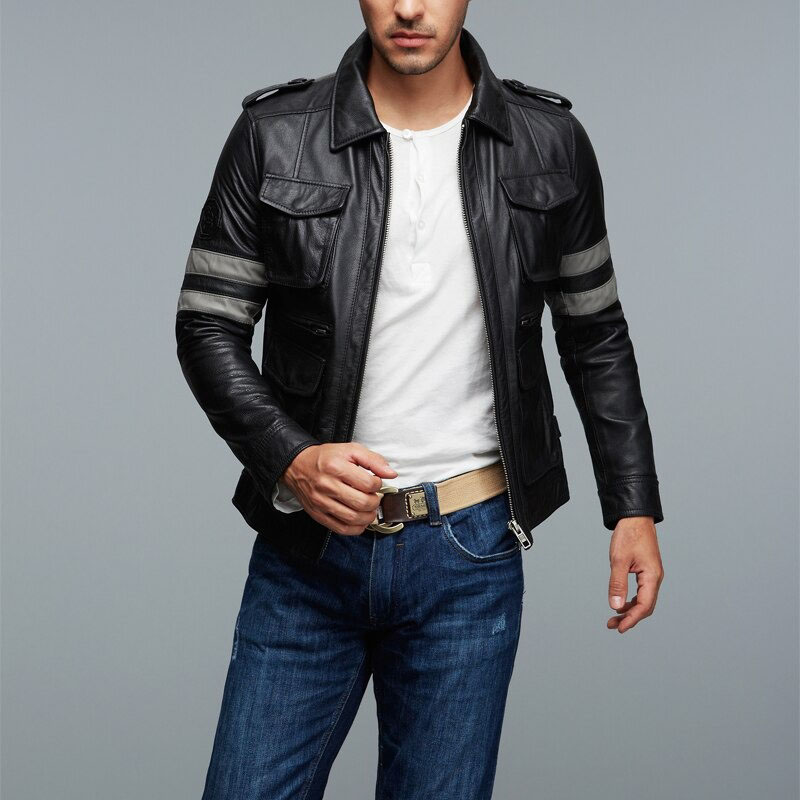 Men's Black Zipper Pu Leather Jacket / Multi-Pockets Motorcycle Jacket / Men's Biker Clothing