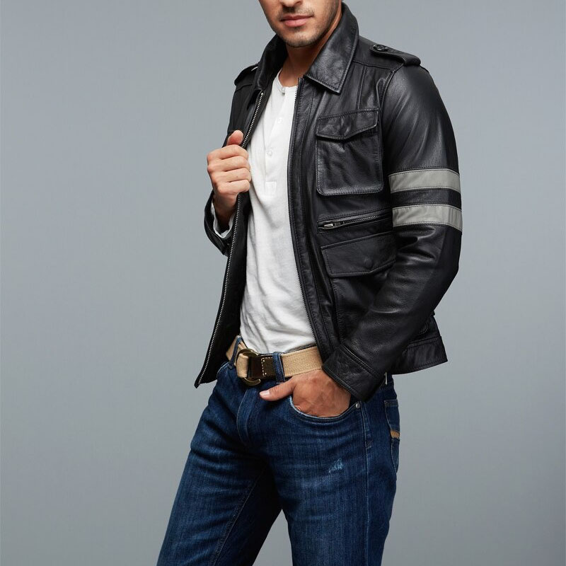 Men's Black Zipper Pu Leather Jacket / Multi-Pockets Motorcycle Jacket / Men's Biker Clothing