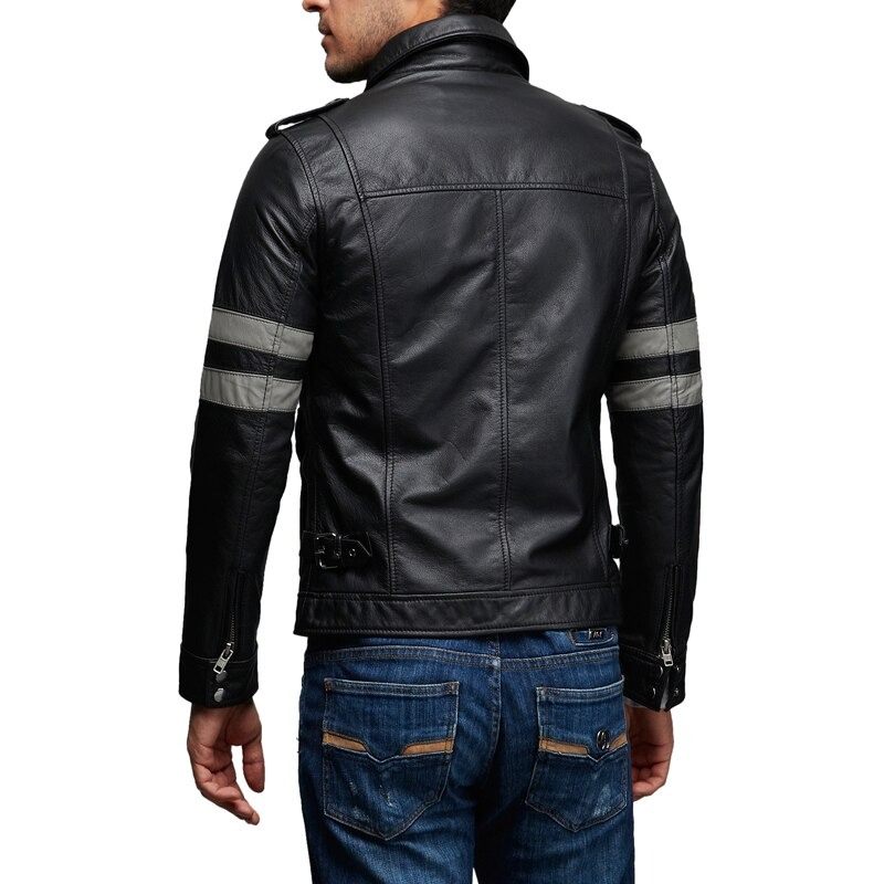 Men's Black Zipper Pu Leather Jacket / Multi-Pockets Motorcycle Jacket / Men's Biker Clothing