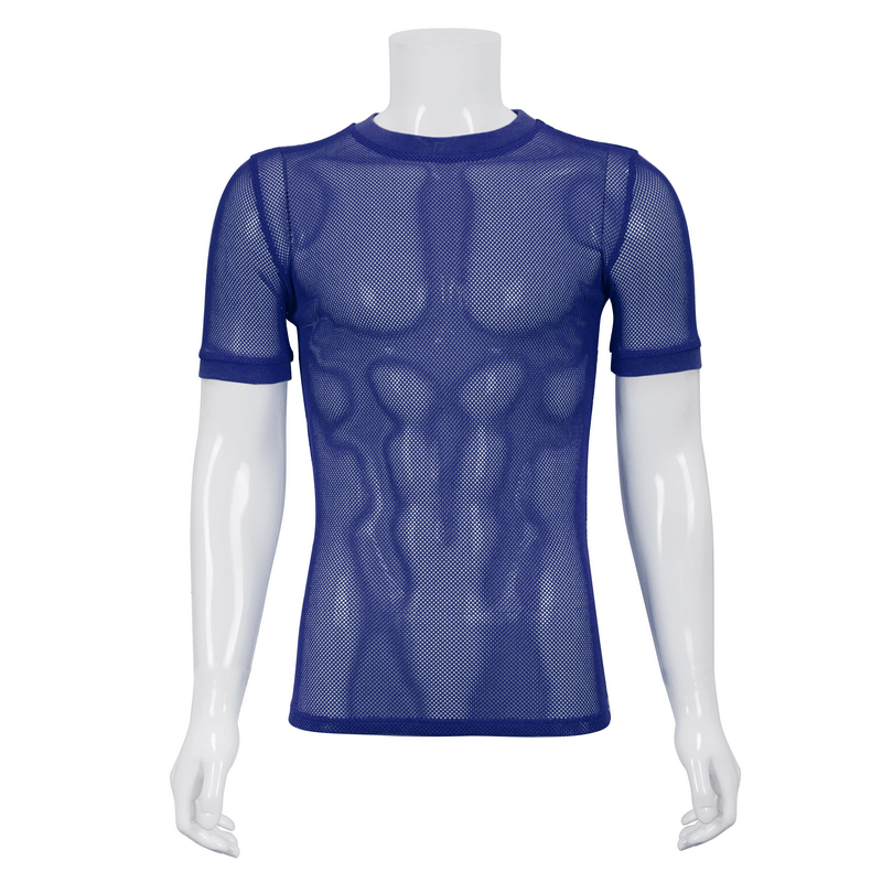 Men's Blue O-Neck Mesh T-Shirt / Punk Short-Sleeved Transparent T-Shirt / Alternative Fashion