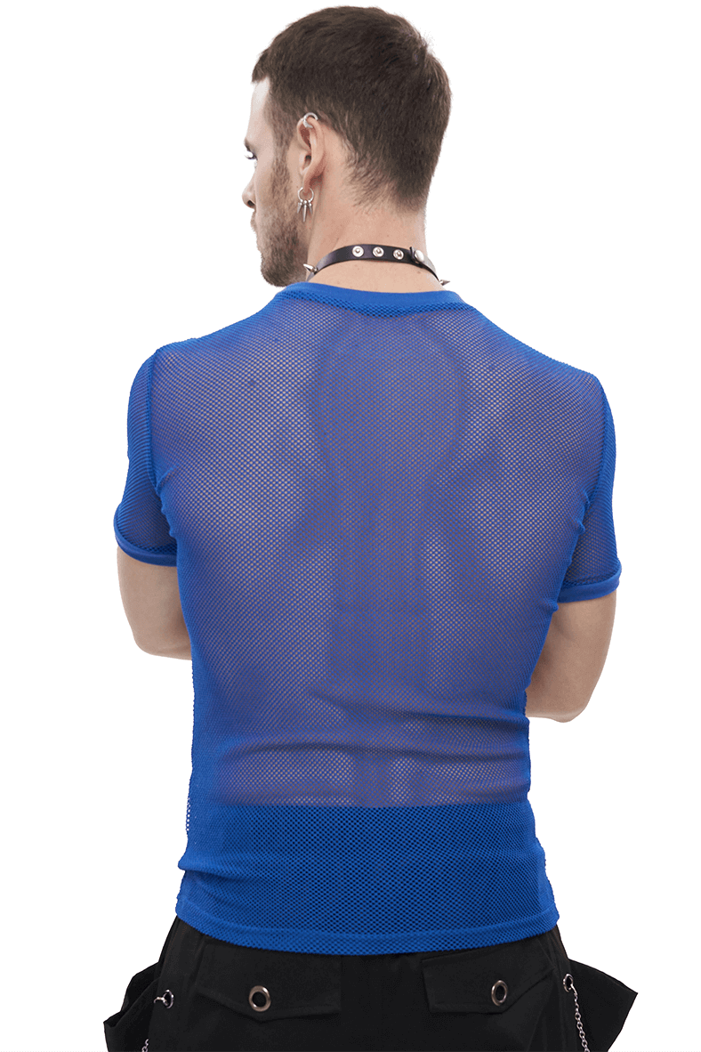 Men's Blue O-Neck Mesh T-Shirt / Punk Short-Sleeved Transparent T-Shirt / Alternative Fashion