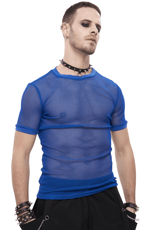 Men's Blue O-Neck Mesh T-Shirt / Punk Short-Sleeved Transparent T-Shirt / Alternative Fashion