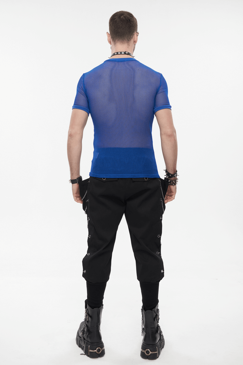 Men's Blue O-Neck Mesh T-Shirt / Punk Short-Sleeved Transparent T-Shirt / Alternative Fashion