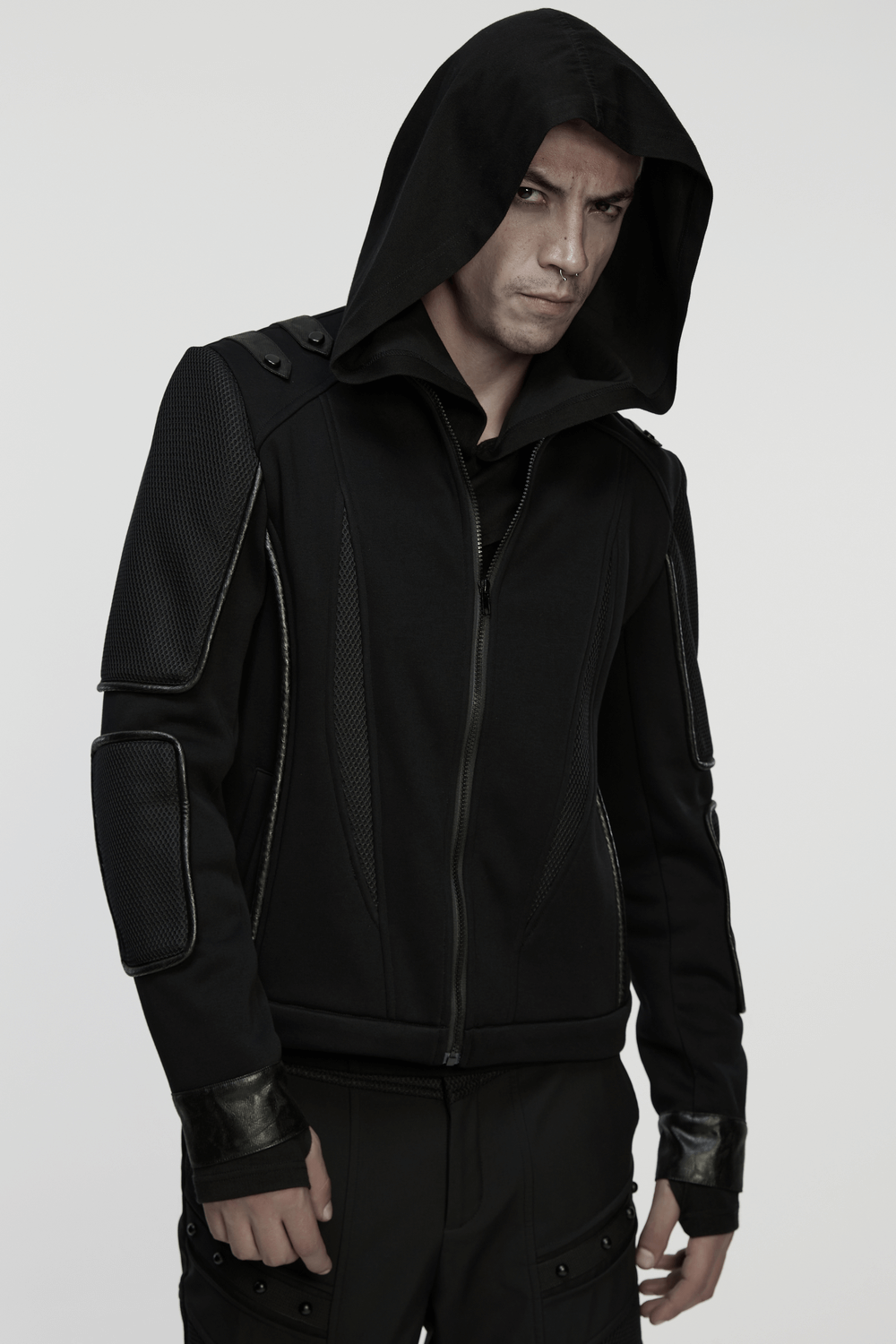 Men's Cyberpunk Fleece and Mesh Jacket with Panel Details