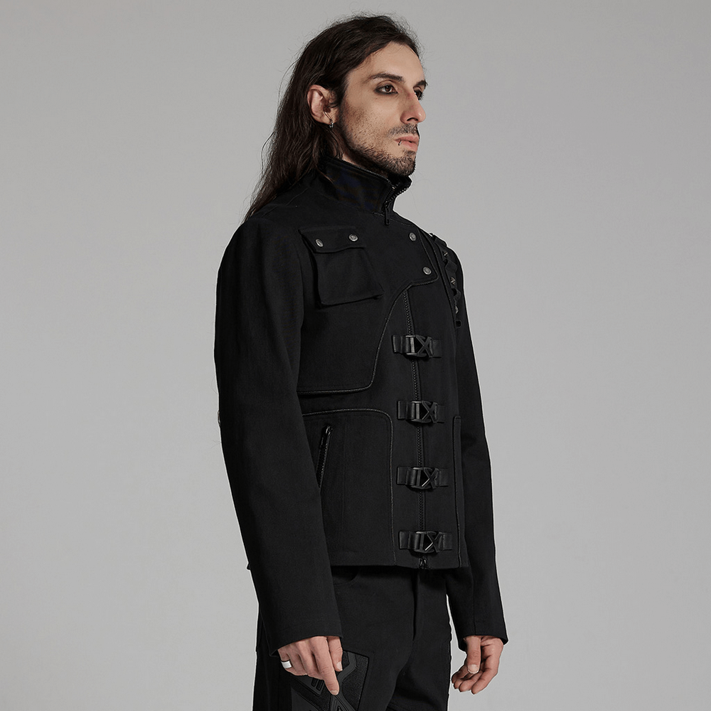 Men's Cyberpunk Jacket with Buckles and Rivet Detailing