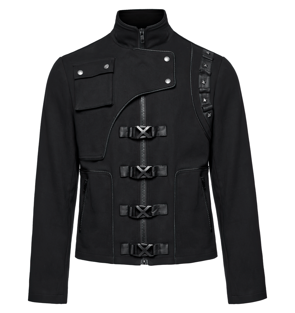 Men's Cyberpunk Jacket with Buckles and Rivet Detailing