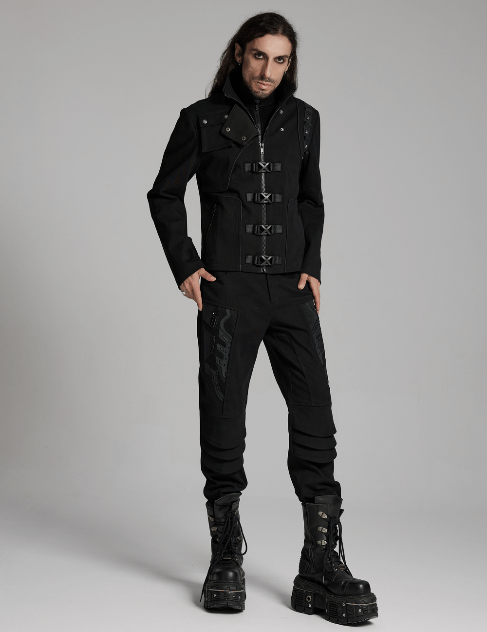 Men's Cyberpunk Jacket with Buckles and Rivet Detailing