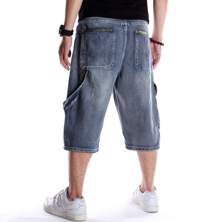 Men's Denim Shorts / Alternative Fashion Baggy / Streetwear Blue Cargo Capri with Pocket