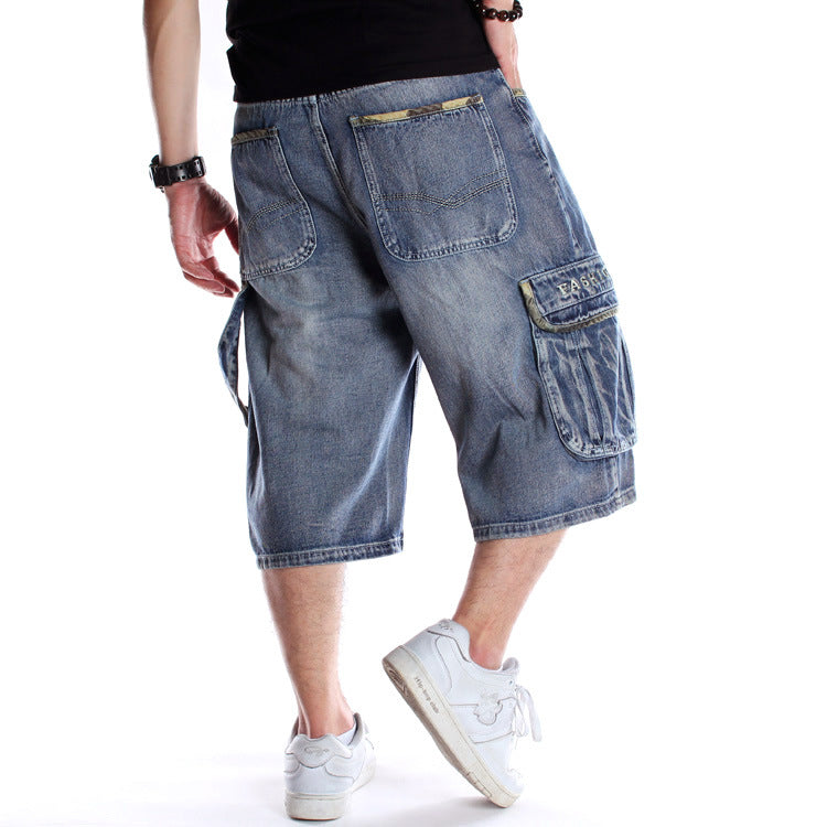 Men's Denim Shorts / Alternative Fashion Baggy / Streetwear Blue Cargo Capri with Pocket