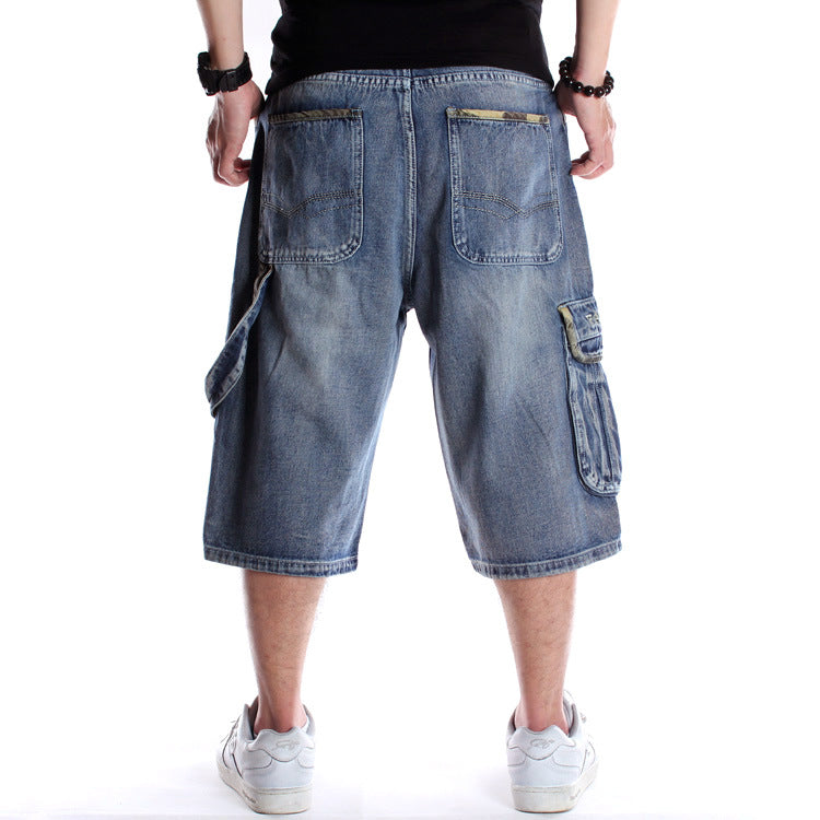 Men's Denim Shorts / Alternative Fashion Baggy / Streetwear Blue Cargo Capri with Pocket