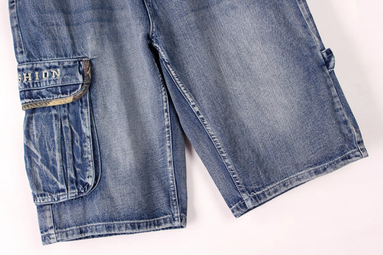 Men's Denim Shorts / Alternative Fashion Baggy / Streetwear Blue Cargo Capri with Pocket