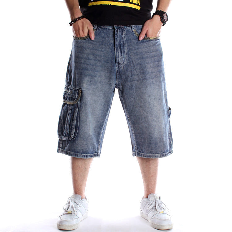 Men's Denim Shorts / Alternative Fashion Baggy / Streetwear Blue Cargo Capri with Pocket