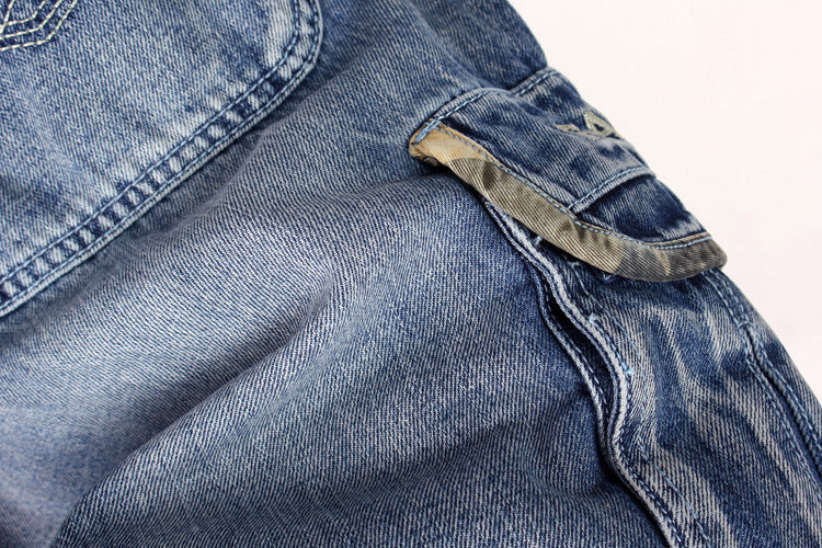 Men's Denim Shorts / Alternative Fashion Baggy / Streetwear Blue Cargo Capri with Pocket