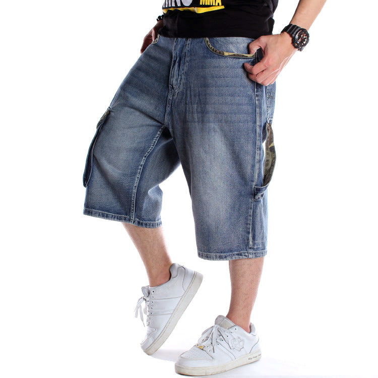 Men's Denim Shorts / Alternative Fashion Baggy / Streetwear Blue Cargo Capri with Pocket