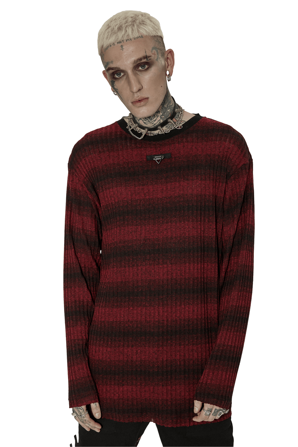 Men's Edgy Striped Knit Sweater with Metal Detail