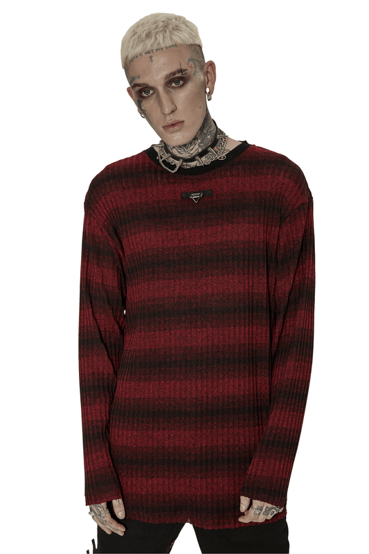 Men's Edgy Striped Knit Sweater with Metal Detail