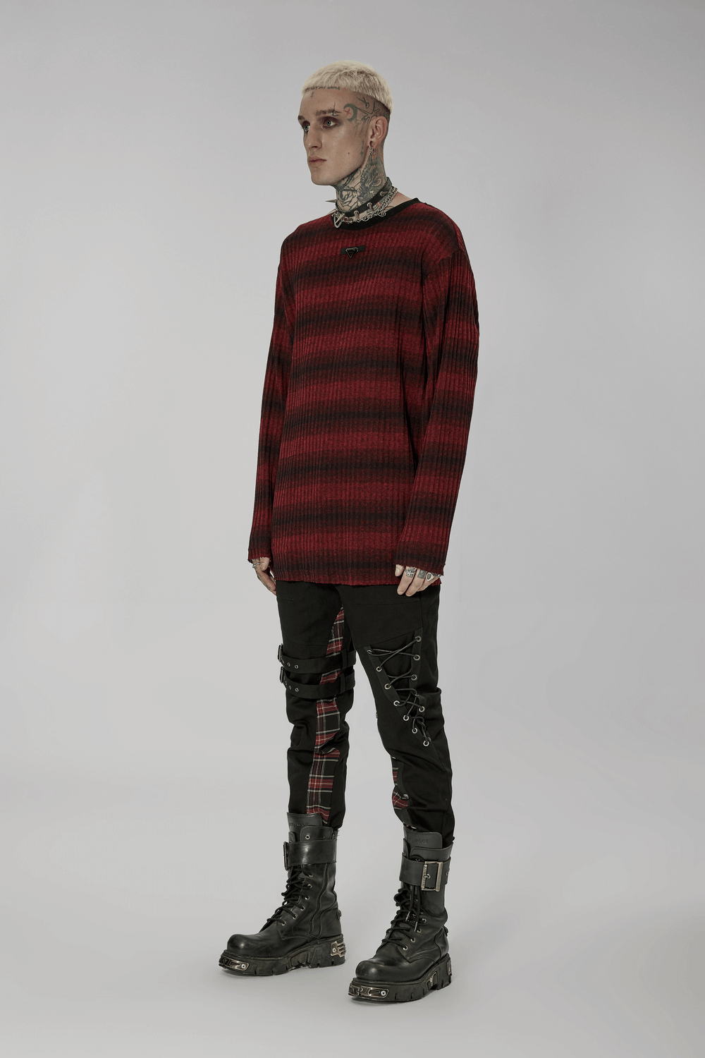 Men's Edgy Striped Knit Sweater with Metal Detail
