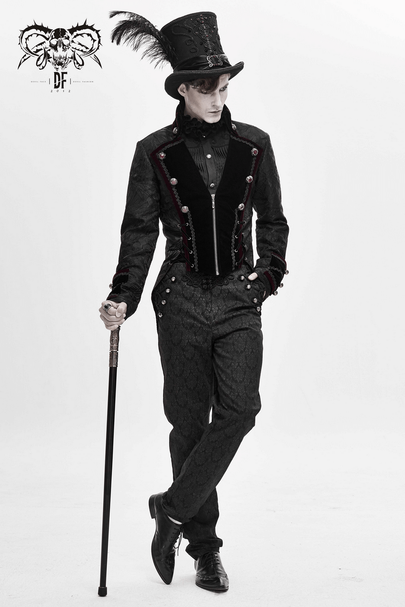Men's Elegant Jacket with Brocade / Gothic Zipper Jacket with Lacing on the Back