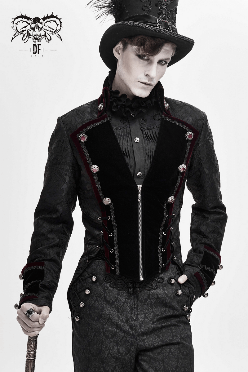 Men's Elegant Jacket with Brocade / Gothic Zipper Jacket with Lacing on the Back