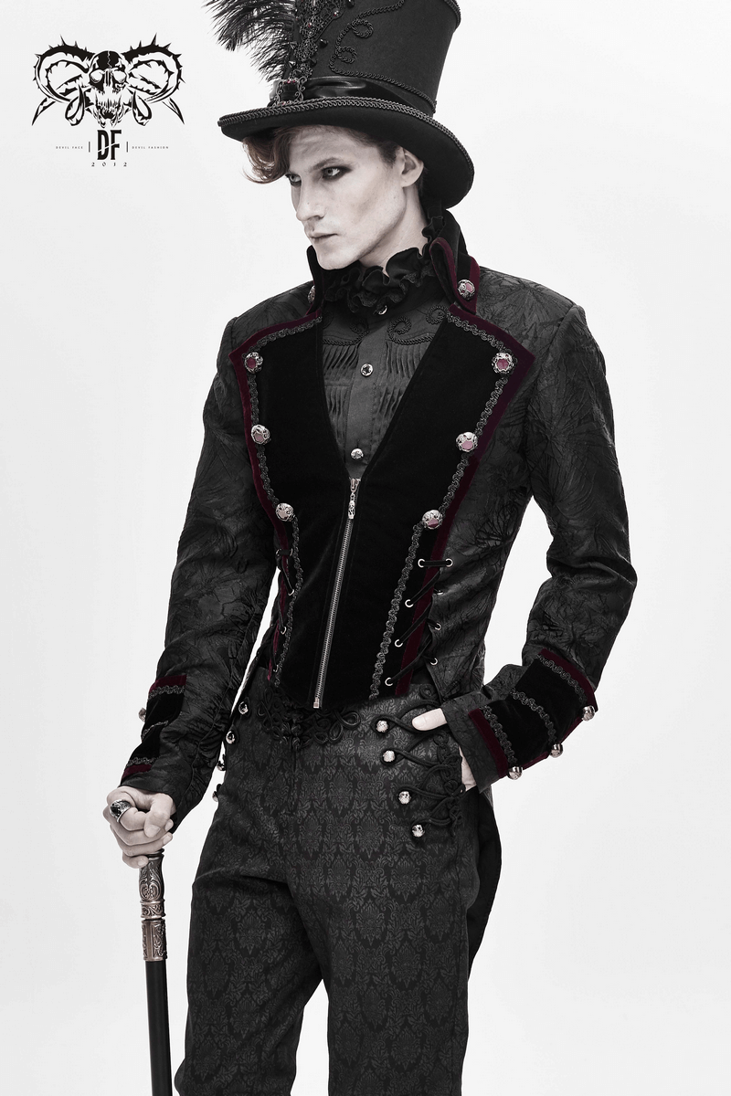 Men's Elegant Jacket with Brocade / Gothic Zipper Jacket with Lacing on the Back