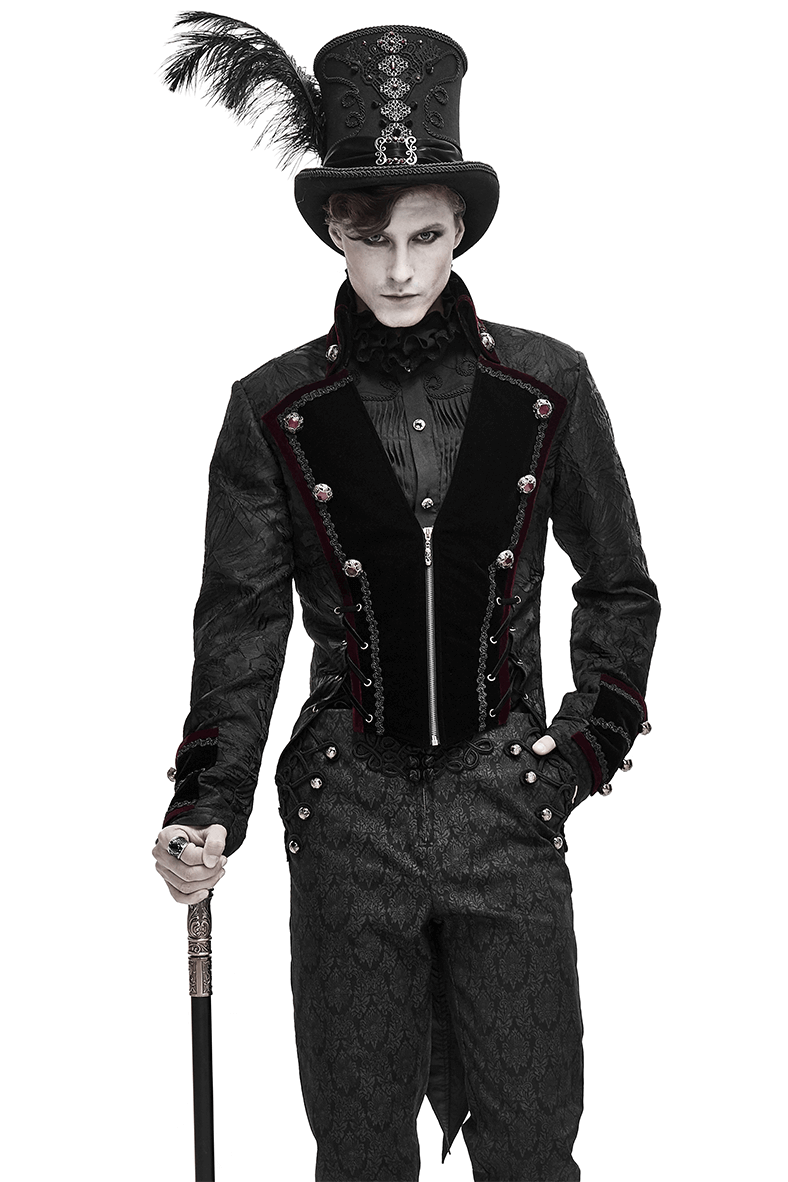 Men's Elegant Jacket with Brocade / Gothic Zipper Jacket with Lacing on the Back