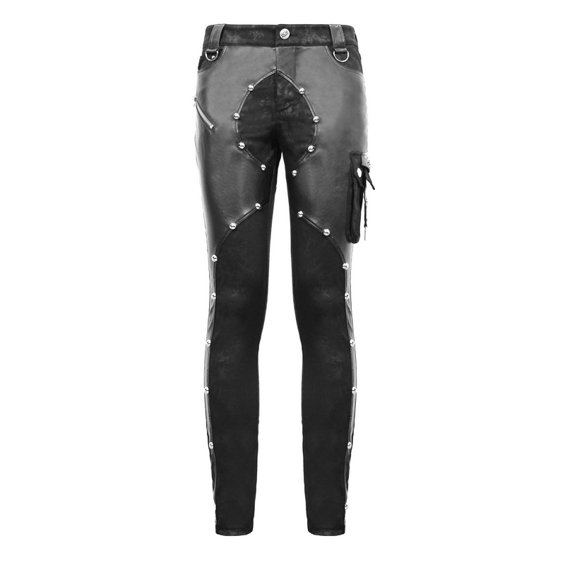 Men's Faux Leather Zipper Trousers With Pockets / Asymmetric Rivets Spliced Pants in Punk Style