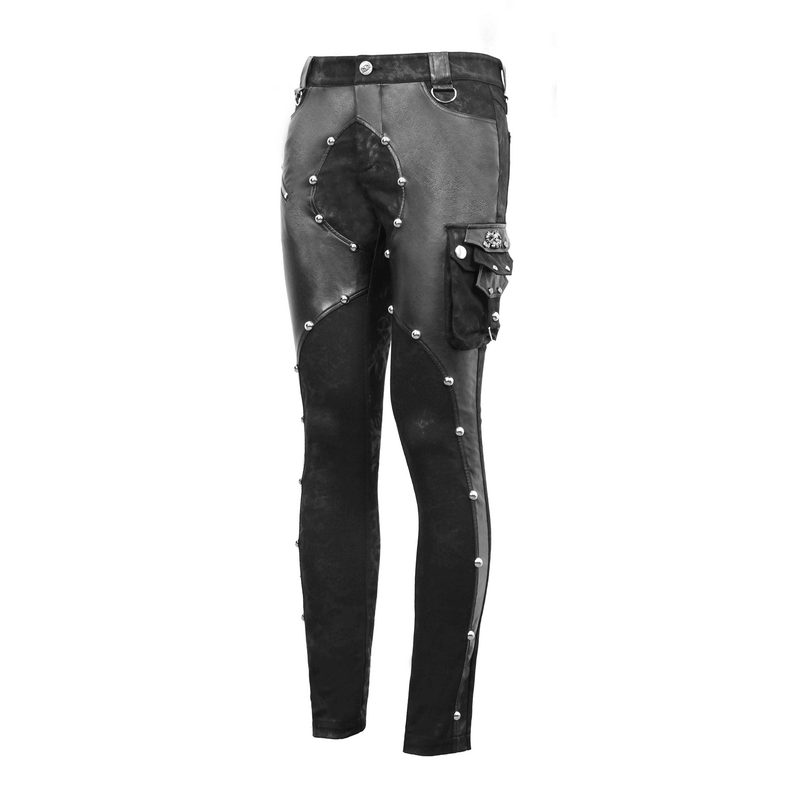 Men's Faux Leather Zipper Trousers With Pockets / Asymmetric Rivets Spliced Pants in Punk Style