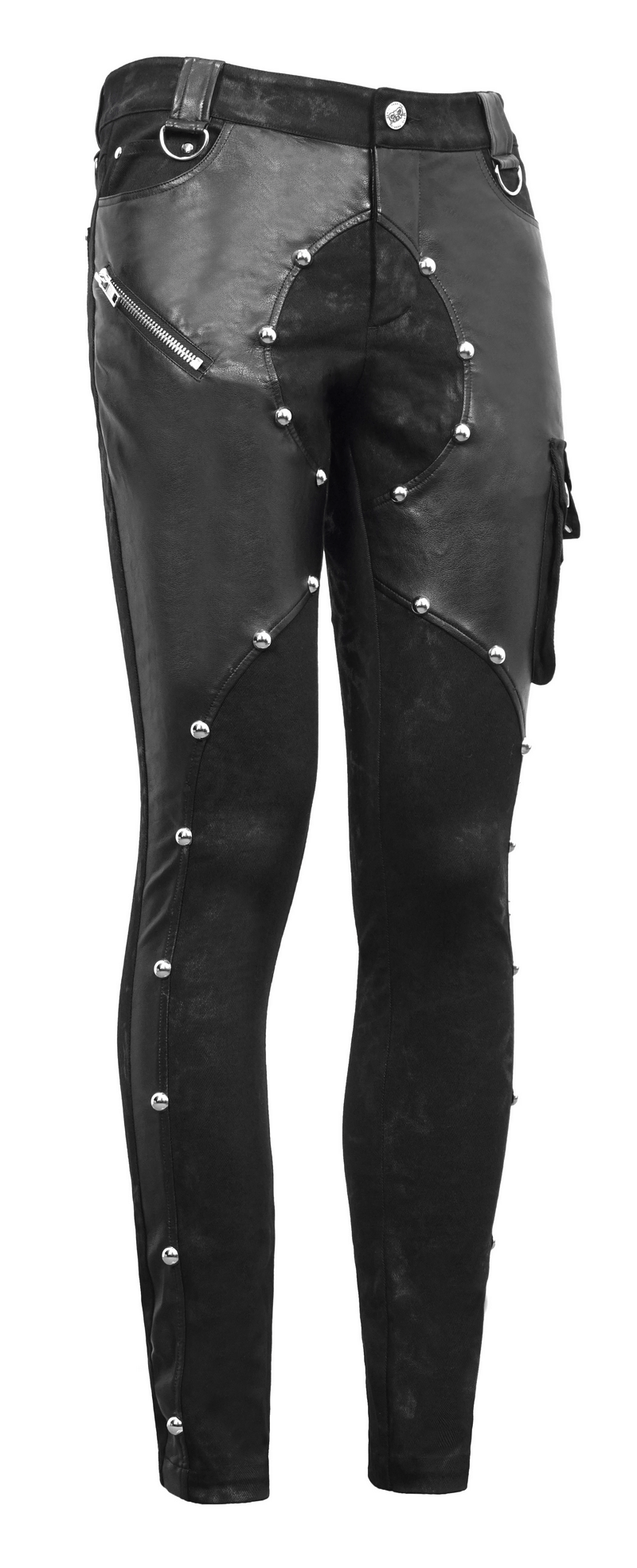 Men's Faux Leather Zipper Trousers With Pockets / Asymmetric Rivets Spliced Pants in Punk Style