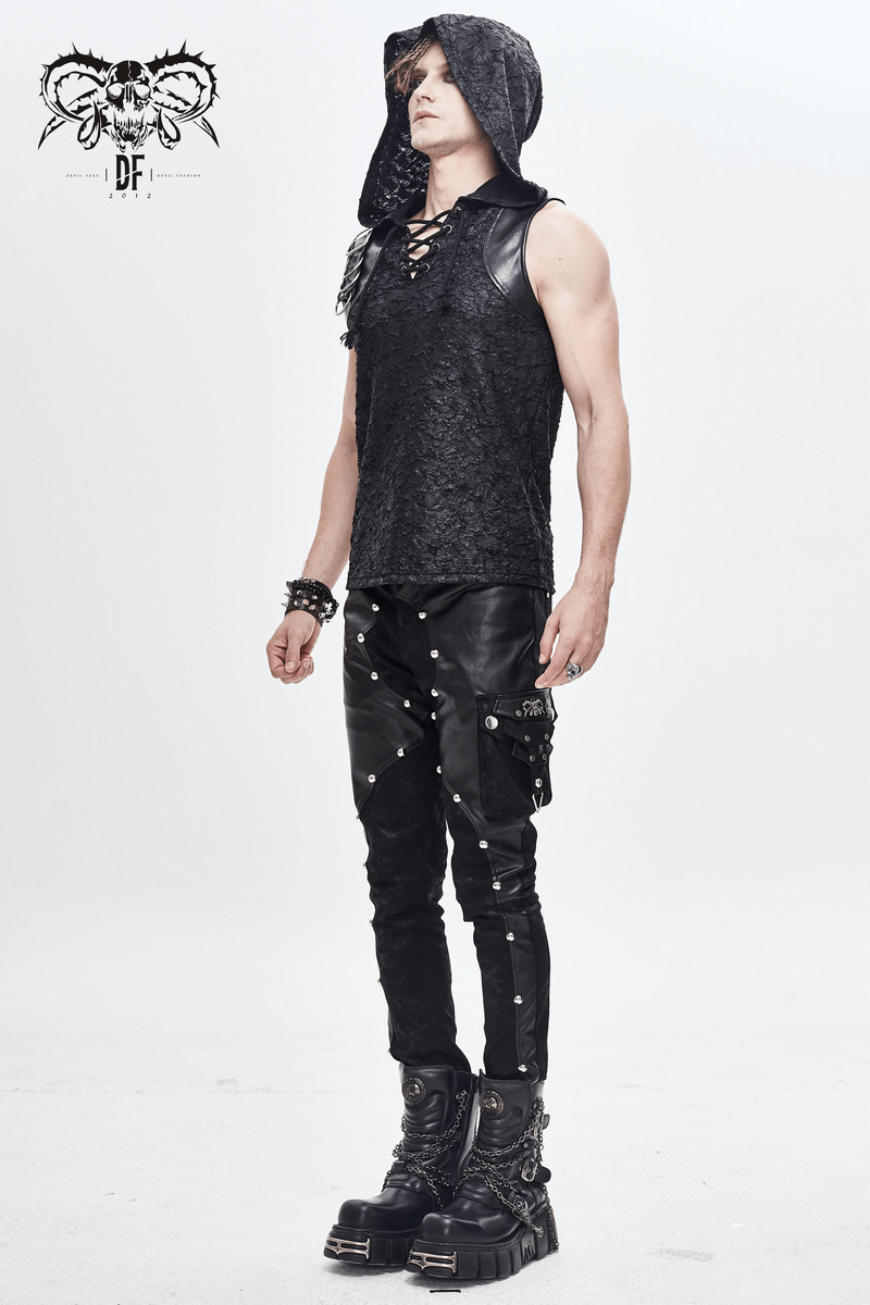 Men's Faux Leather Zipper Trousers With Pockets / Asymmetric Rivets Spliced Pants in Punk Style