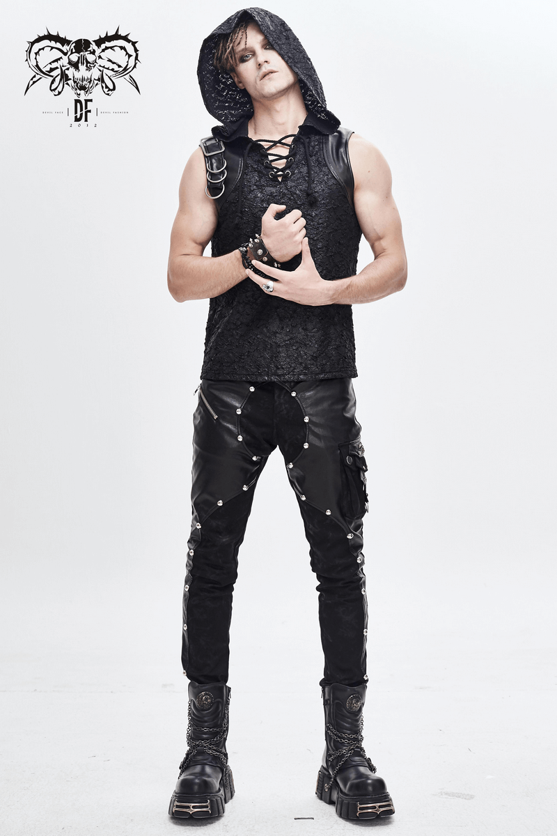 Men's Faux Leather Zipper Trousers With Pockets / Asymmetric Rivets Spliced Pants in Punk Style